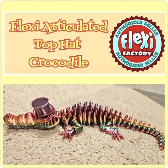 Hand Crafted Other - "Flexi" Crocodile with Top Hat Colorful 3D Printed Fidget Toy/ Figure